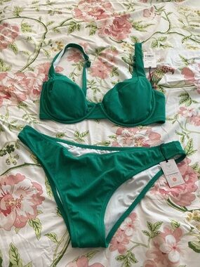 Shade & Shore Emerald Ribbed Underwire Bikini Set brasier 38DD bikini XL